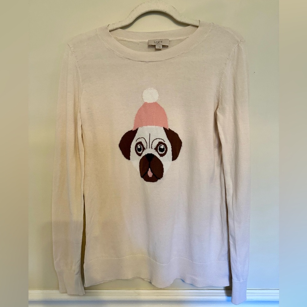 Loft Outlet Women's Cream Sweater with Pug Design Size Medium